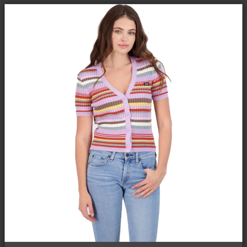K&K Malibu Multi Stripe Ribbed Knit Cardigan Top